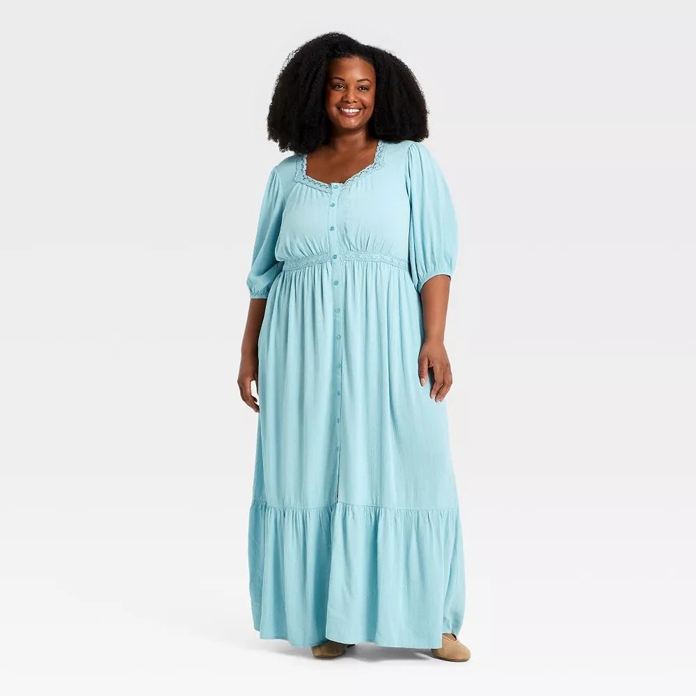 Women's Plus Elbow Sleeve Button-Front Lace Trim Maxi Dress - Ava & Viv Blue 1X